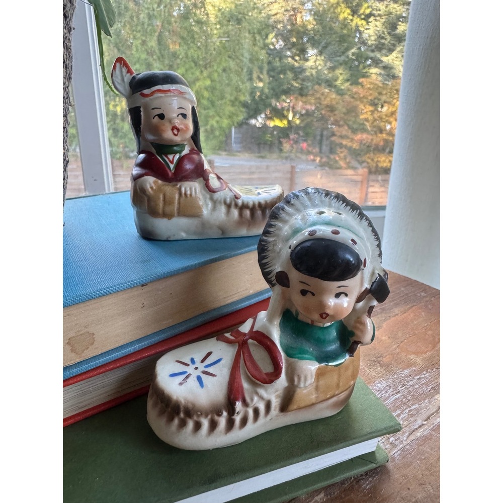 Vintage Ceramic Moccasin Salt and Pepper Shakers Native American Style Figures
